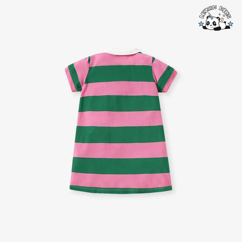 LEZONKIDS - New Arrive Children Short Sleeve Striped Cotton Animal Printing Girls Dress for Daily Life